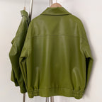 OFTBUY New Autumn Green Faux Leather Jacket Women Loose Long Sleeve Elastic Hem Biker Coat Female PU Leather Overcoat Outerwear