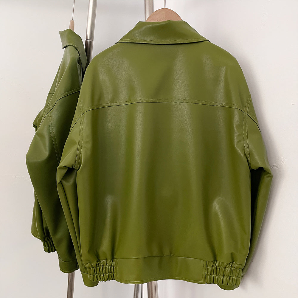 OFTBUY New Autumn Green Faux Leather Jacket Women Loose Long Sleeve Elastic Hem Biker Coat Female PU Leather Overcoat Outerwear