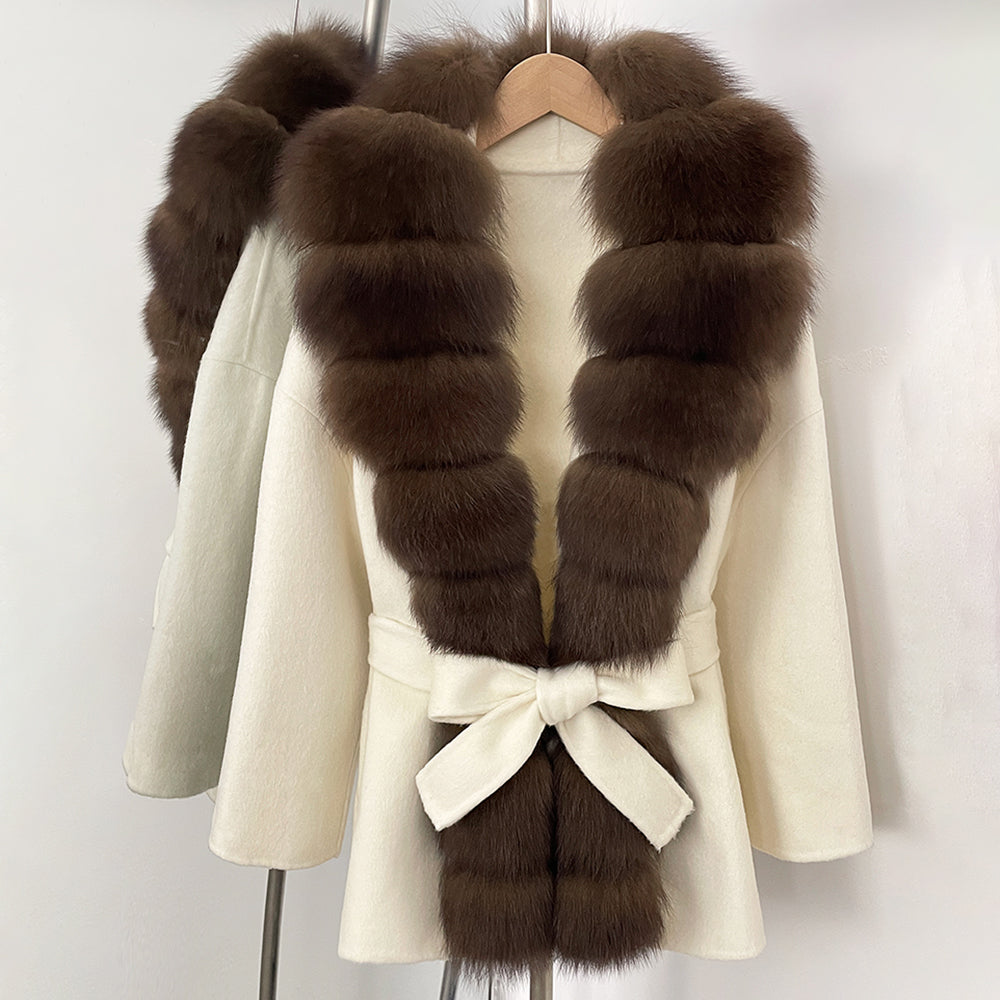 OFTBUY New Autumn Winter Clothes Women Big Natural Fox Fur Pinnacle 100% Wool Coat Female Belt Real Fur Collar Woolen Jacket