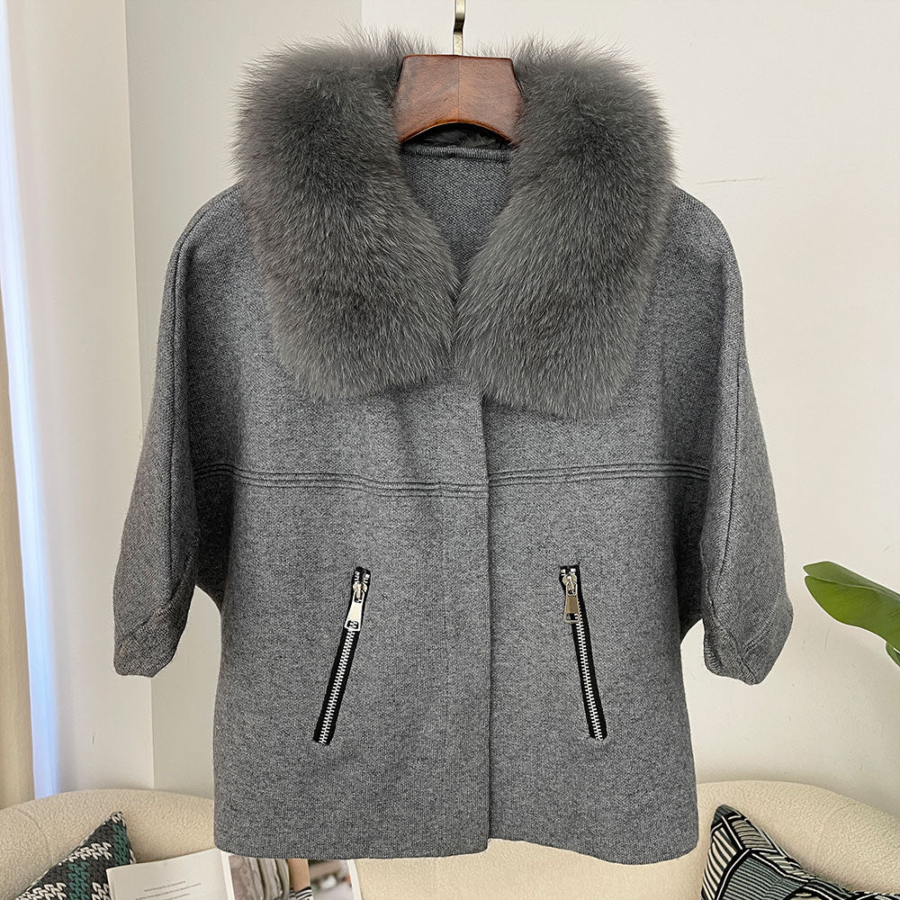 OFTBUY Autumn Winter Real Fox Raccoon Fur Collar Coat Knitted Sweater Women Short Sleeve Jacket Thick Warm Outerwear Streetwear