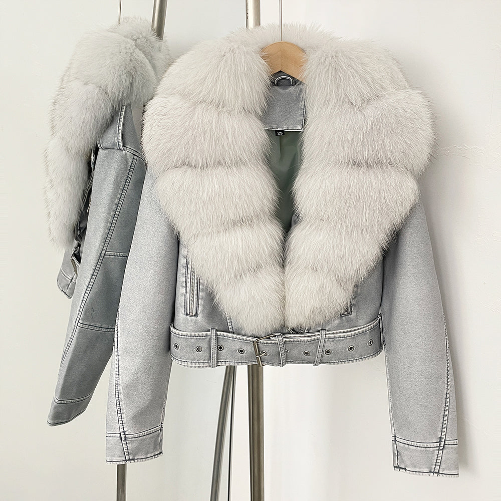 OFTBUY Natural Fox Fur Faux Leather Jacket Female New Autumn Short Top Clothing Women Long Sleeve Fake Leather Real Fur Coat