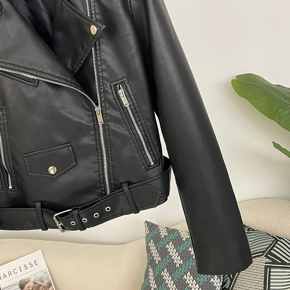 OFTBUY Women's Black Faux Leather Moto Biker Jacket Asymmetric Zip PU Coat with Belt New Autumn Winter Vintage Punk Outerwear