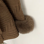 OFTBUY Belted Waist Striped Texture Pockets New Women's Knit Coat with Large Real Fox Fur Collar Winter Luxury Elegant Outerwear