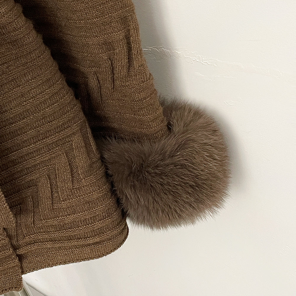 OFTBUY Belted Waist Striped Texture Pockets New Women's Knit Coat with Large Real Fox Fur Collar Winter Luxury Elegant Outerwear