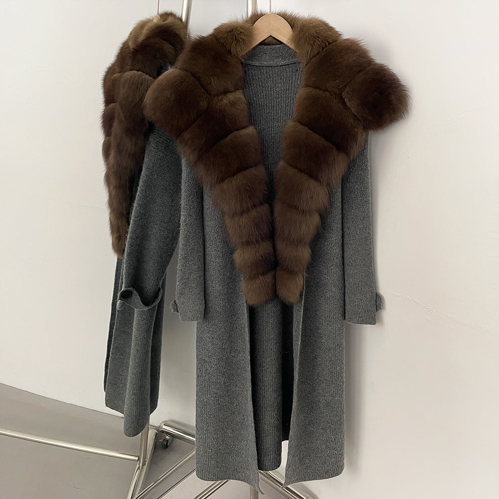 OFTBUY New Autumn Winter Knit Clothing Female Long Big Real Fox Fur Collar Sweater Women Warm Fashion Elegant Cardigan Coat