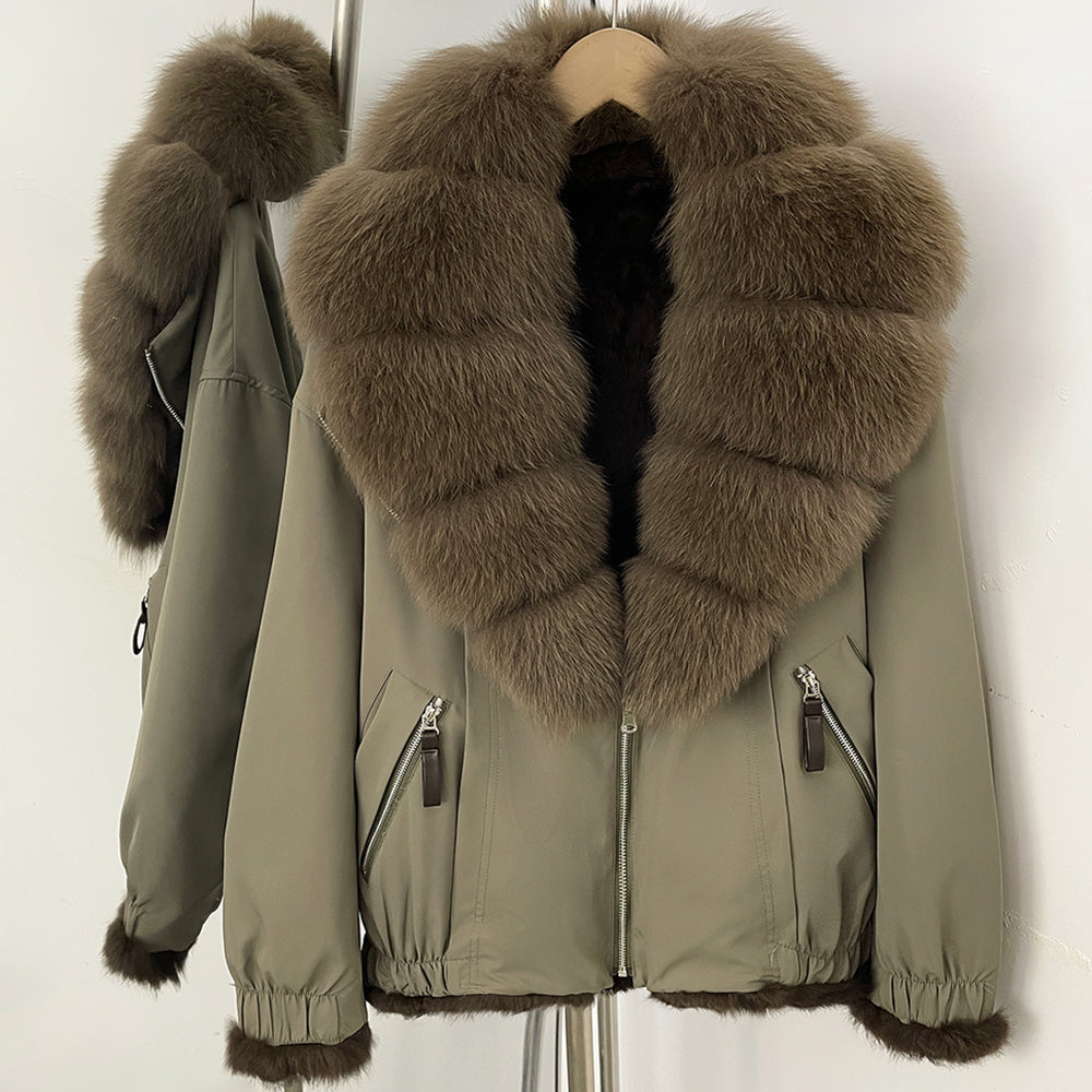 OFTBUY Luxury Real Fox Fur Collar Parka - Premium Real Rabbit Fur Lined Bomber Jacket for Extreme Cold