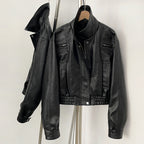 OFTBUY New Vintage Biker Outerwear Female Women's Black Faux Leather Cropped Bomber Jacket PU Aviator Coat with Elastic Hem
