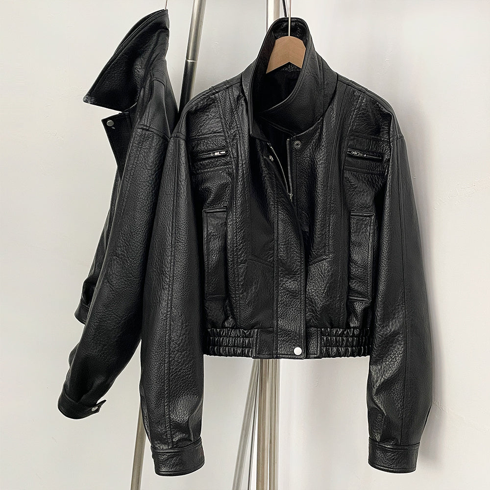 OFTBUY New Vintage Biker Outerwear Female Women's Black Faux Leather Cropped Bomber Jacket PU Aviator Coat with Elastic Hem