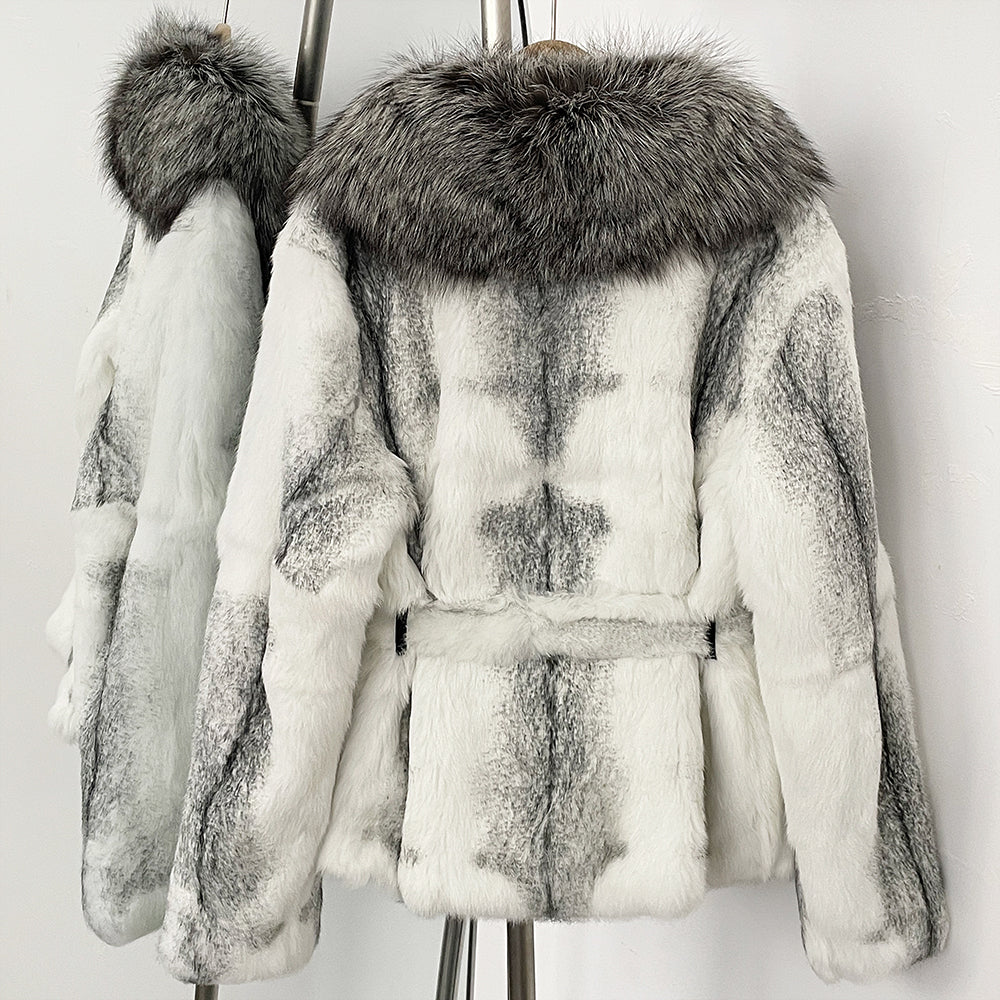 OFTBUY Fashion Thick Warm Real Rabbit Fur Coat Lady New Autumn Winter Top Clothes Women Long Sleeve Fox Fur Collar Fluffy Jacket