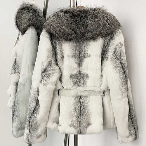 OFTBUY Fashion Thick Warm Real Rabbit Fur Coat Lady New Autumn Winter Top Clothes Women Long Sleeve Fox Fur Collar Fluffy Jacket