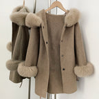 OFTBUY New Women's Wool Coat with Real Fox Fur Collar Cuffs Hooded Belted Waist Warm Winter Elegant Fashion Outerwear