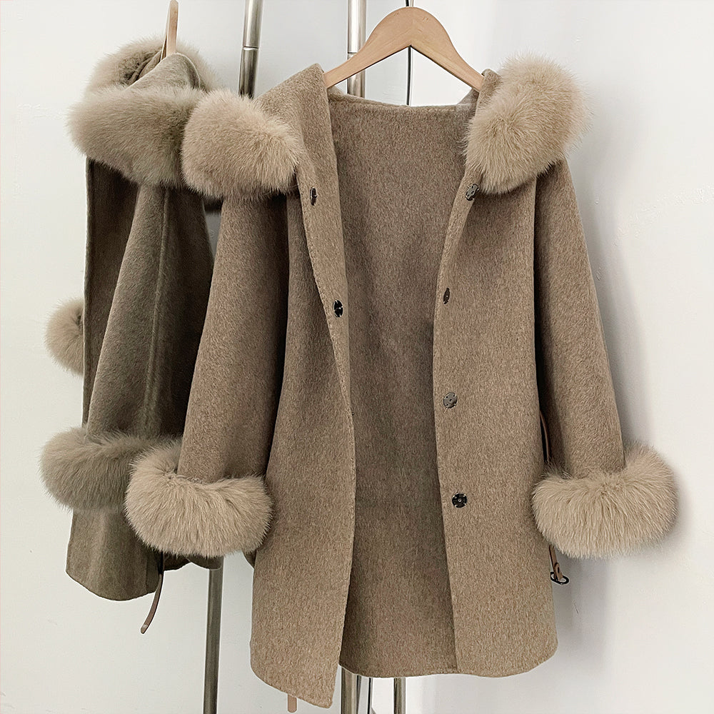 OFTBUY New Women's Wool Coat with Real Fox Fur Collar Cuffs Hooded Belted Waist Warm Winter Elegant Fashion Outerwear