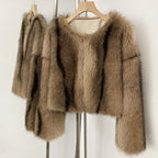 OFTBUY Luxury Collarless Faux Fur Jacket - Chic Short Fluffy Vegan Fur Coat for Women