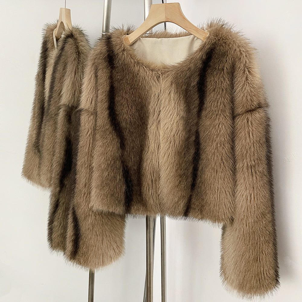 OFTBUY Luxury Collarless Faux Fur Jacket - Chic Short Fluffy Vegan Fur Coat for Women