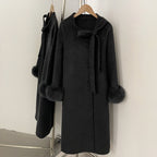 OFTBUY New Women's Double-Faced Wool Coat with Real Fox Fur Design Belted Bow Warm Winter Elegant Fashion Outerwear Woolen Coat