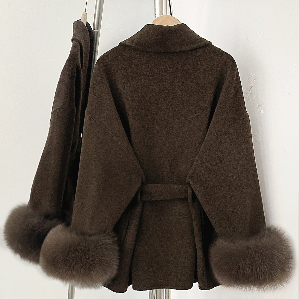 OFTBUY 100% Wool Wrap Belted Short Coat - Wide Shawl Lapel Real Fox Fur Cuff Luxury Double Sided Wool Jacket