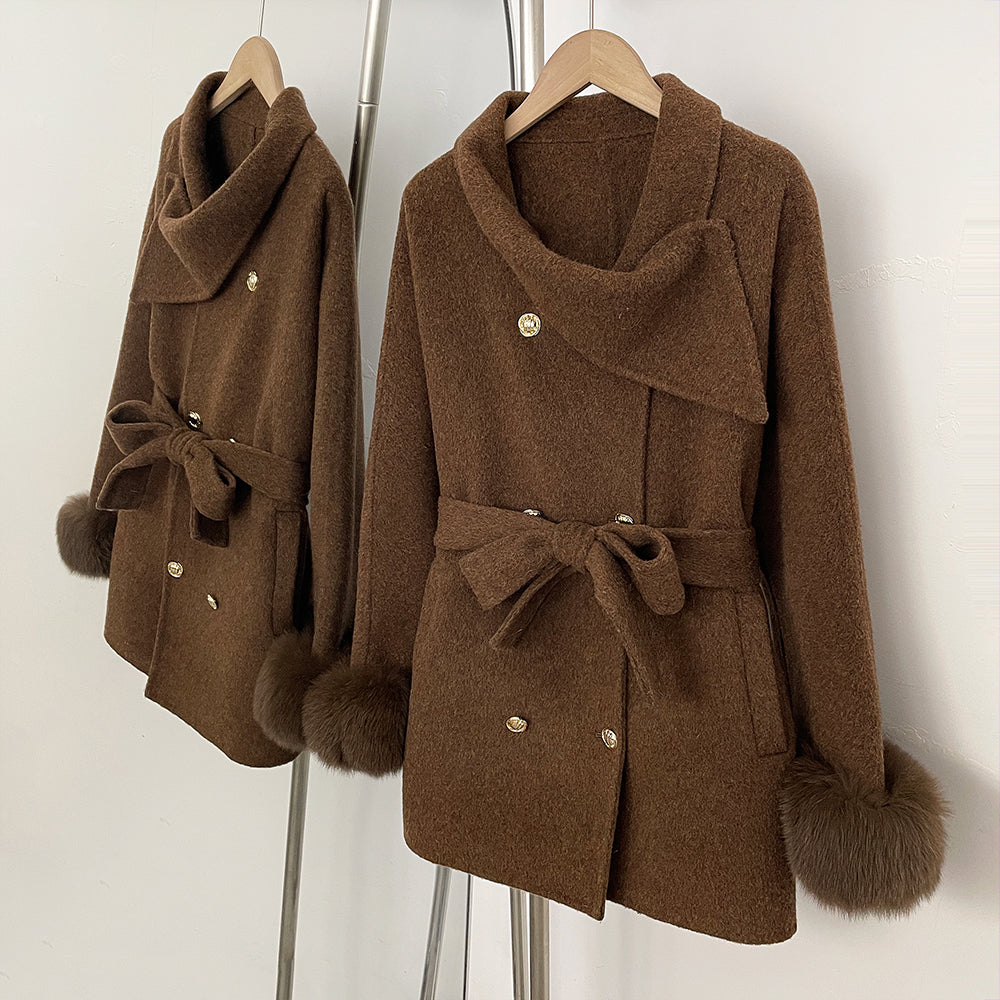 OFTBUY Gold Buttons Belted Bow Warm Winter Elegant Fashion Outerwear New Women's Double Face Wool Coat with Real Fox Fur Cuffs