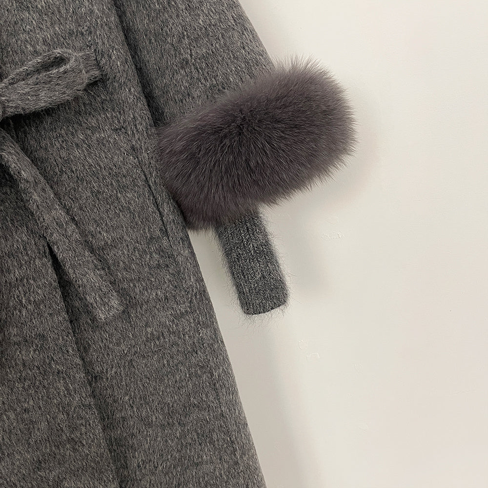 OFTBUY New Autumn Winter Knitted Sleeves Woolen Clothes Women High Collar Belt Real Fox Fur Wool Coat Female Alpaca Loose Jacket