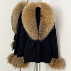 OFTBUY Belt Knit Warm Winter Luxury Casual Fashion Outerwear Sweater Female New Women's Knit Coat with Large Real Fox Fur Collar