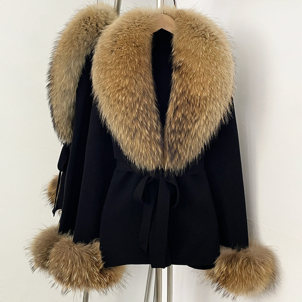 OFTBUY Belt Knit Warm Winter Luxury Casual Fashion Outerwear Sweater Female New Women's Knit Coat with Large Real Fox Fur Collar