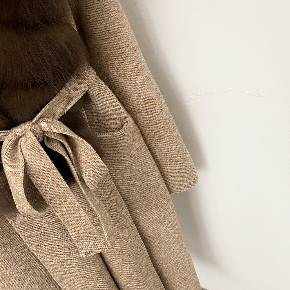OFTBUY New Natural Fur Collar Long Knit Jacket Women Atrumn Winter Top Clothing Female Fashion Warm Belt Real Fox Fur Cardigan