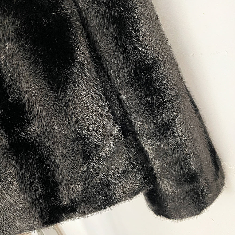OFTBUY Luxury Stand Collar Faux Mink Fur Short Jacket - Minimal Open Front Vegan Fur Coat in Solid Black & Brown