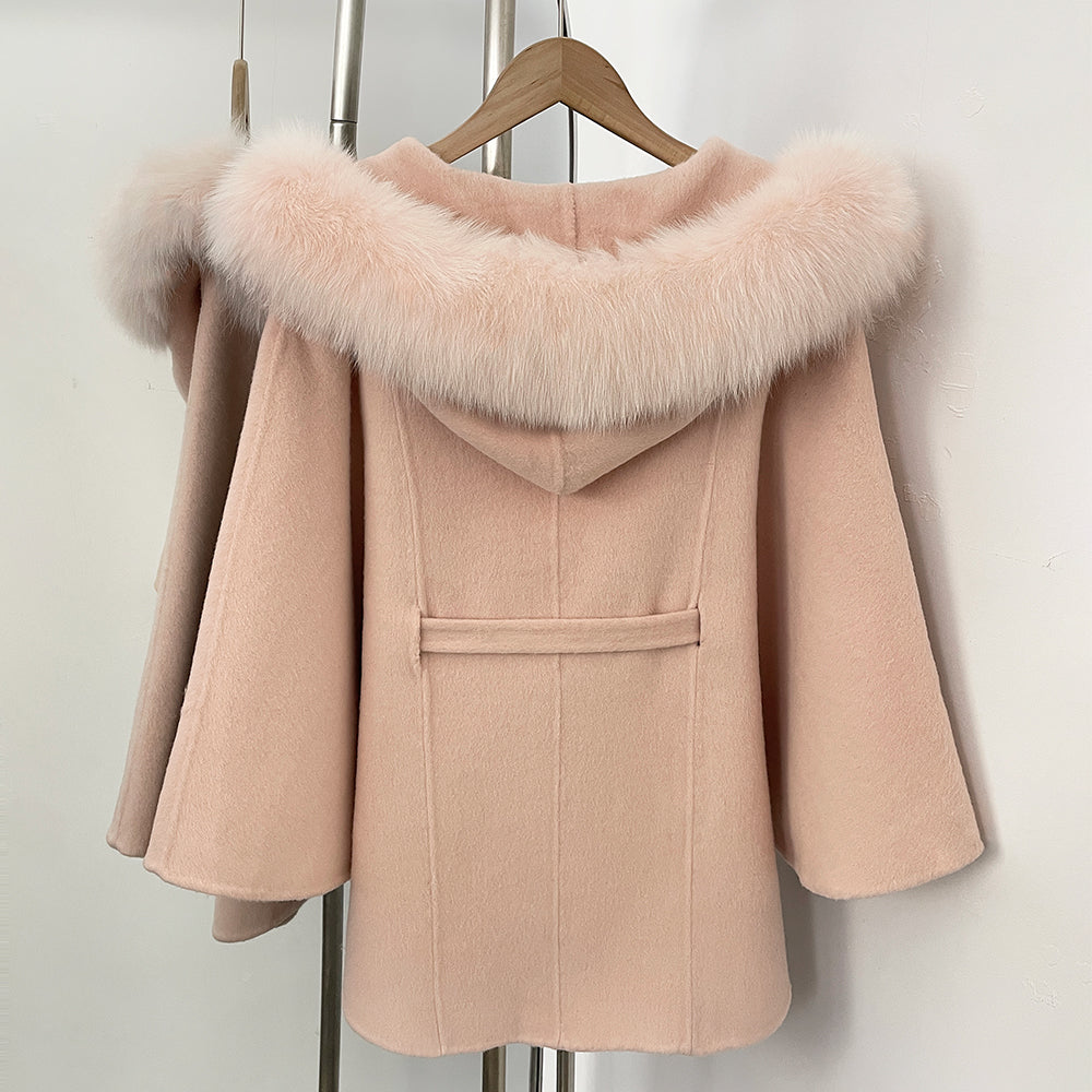 OFTBUY New Autumn Winter Wool Clothing Women Belt Hooded Real Fox Fur Cape Coat Female Fashion Warm Woolen Natural Fur Jacket