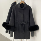 OFTBUY High Collar Belt Real Fox Fur Wool Coat Female New Autumn Winter Knitted Sleeves Woolen Clothes Women Alpaca Loose Jacket