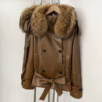 OFTBUY Women's Real Fox Raccoon Fur Collar Faux Leather Trench Coat Double Breasted PU Jacket with Belt Luxury Winter Outerwear
