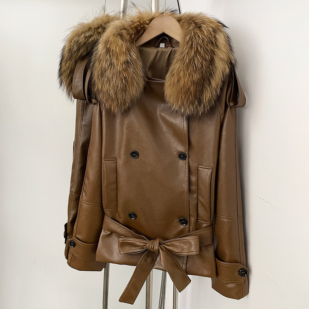 OFTBUY Women's Real Fox Raccoon Fur Collar Faux Leather Trench Coat Double Breasted PU Jacket with Belt Luxury Winter Outerwear