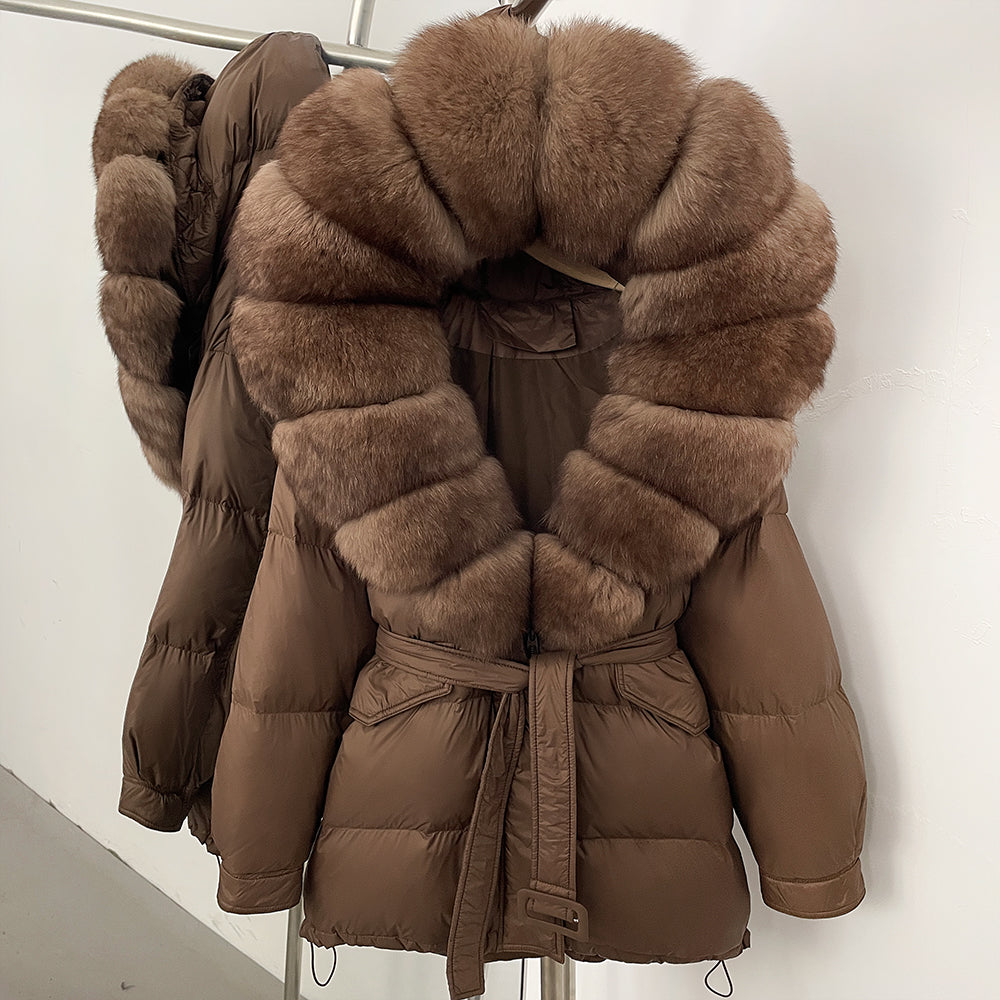 OFTBUY Thick Warm Mid-Long Puffer Coat Real Fox Fur Collar White Duck Down Coat Female Loose Warm Hooded Parkas With Belt
