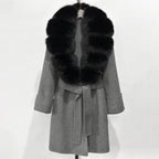 OFTBUY Natural Real Fox Fur Wool Blends Coat Women New Belt Pocket Winter Jacket Female Loose Woolen Outerwear Streetwear