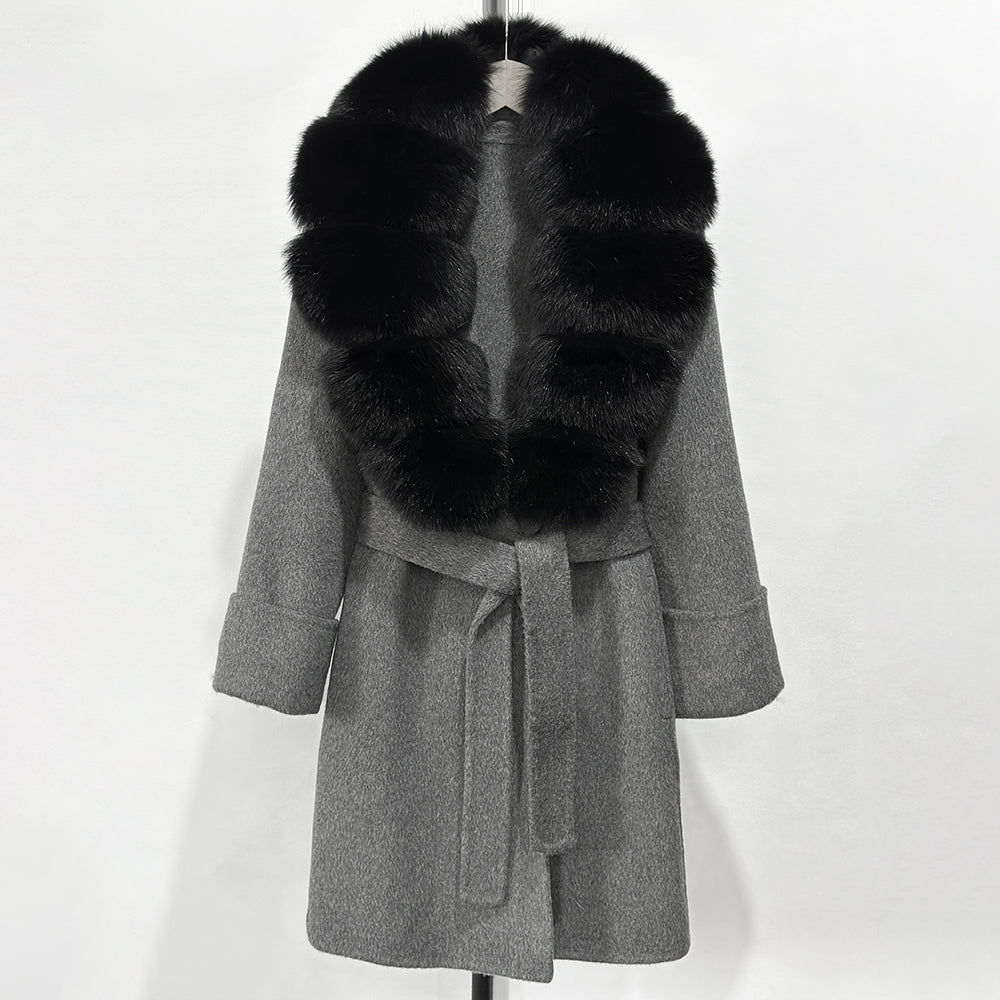 OFTBUY Natural Real Fox Fur Wool Blends Coat Women New Belt Pocket Winter Jacket Female Loose Woolen Outerwear Streetwear