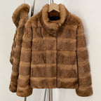 OFTBUY Women Horizontal Striped Real Rabbit Fur Coat Luxury Camel Fur Jacket with Stand Collar New Warm Winter Outerwear Female