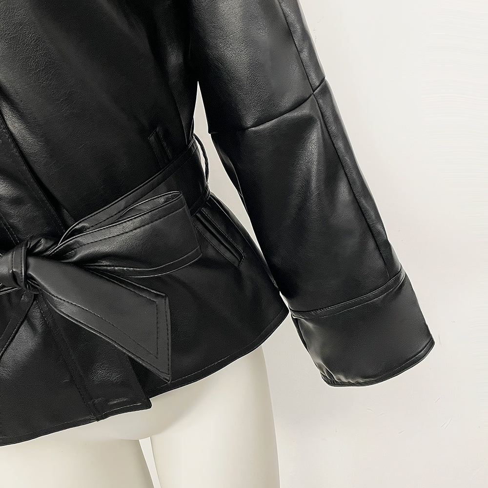 OFTBUY New Women's Lapel Collar Button Faux Leather Jacket Belted Waist Tailored Fit Detail Elegant Fashion Outerwear Female