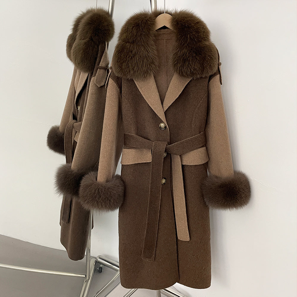 OFTBUT New Winter Clothing Women Natural Fox Fur Cashmere double-faced Woolen Jacket Long Single-breasted Belt Wool Coat Female