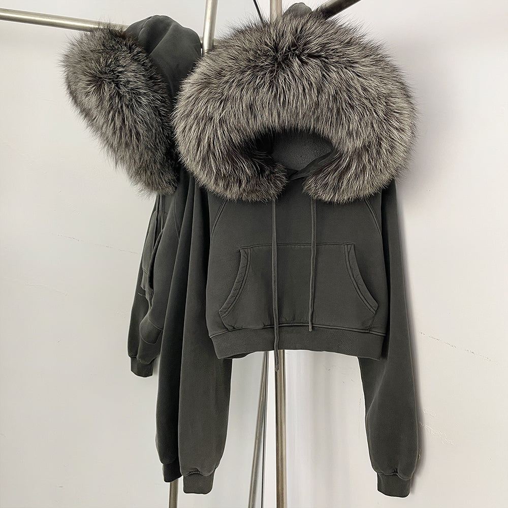 OFTBUY Casual Y2K Hoodie Real Fox Fur Collar Thickened Streetwear Hiphop Hoodie Sweatshirt Vintage Rock Goth Loose Punk Jacket