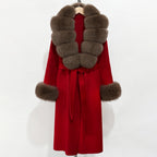 OFTBUY New Women's Double-Faced Wool Coat with Large Real Fox Fur Belted Warm Winter Luxury Fashion Outerwear Woolen Jacket Lady