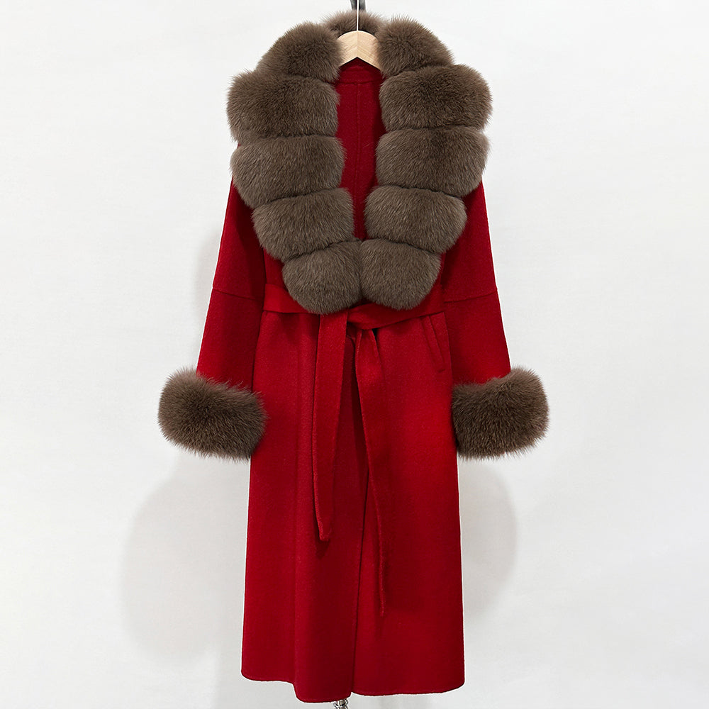 OFTBUY New Women's Double-Faced Wool Coat with Large Real Fox Fur Belted Warm Winter Luxury Fashion Outerwear Woolen Jacket Lady