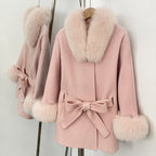 OFTBUY New Autumn Winter Top Clothes Women Fashion Warm Belt Real Fox Fur Double-Faced Wool Capr Jacket Female Loose Woolen Coat