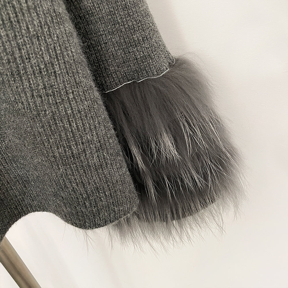OFTBUY New Women's Knit Sweater with Real Fox Fur Accents V-Neck Loose Fit Warm Winter Fashion Warm Pullover Outerwear Jacket