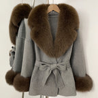 OFTBUY New Women's Double-Faced Wool Coat with Large Real Fox Fur Collar Cuffs Belted Warm Winter Elegant Fashion Outerwear Lady
