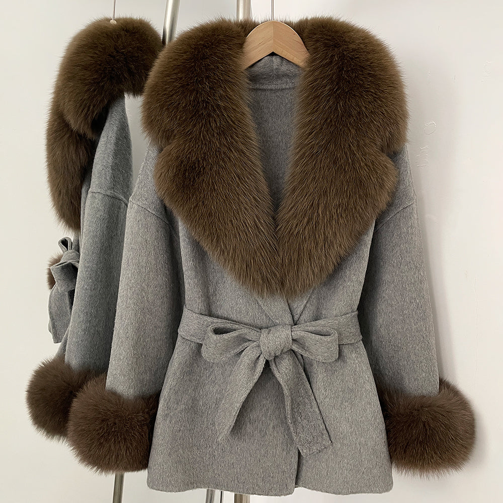 OFTBUY New Women's Double-Faced Wool Coat with Large Real Fox Fur Collar Cuffs Belted Warm Winter Elegant Fashion Outerwear Lady