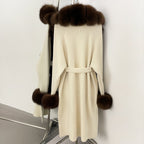 OFTBUY Cardigan Sweater New Women's Knit Long Coat with Full Real Fox Fur Belted Pockets Warm Winter Elegant Fashion Outerwear