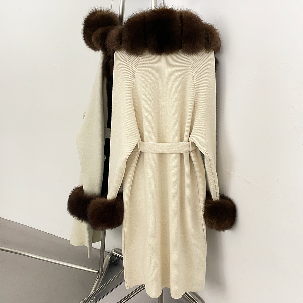OFTBUY Cardigan Sweater New Women's Knit Long Coat with Full Real Fox Fur Belted Pockets Warm Winter Elegant Fashion Outerwear