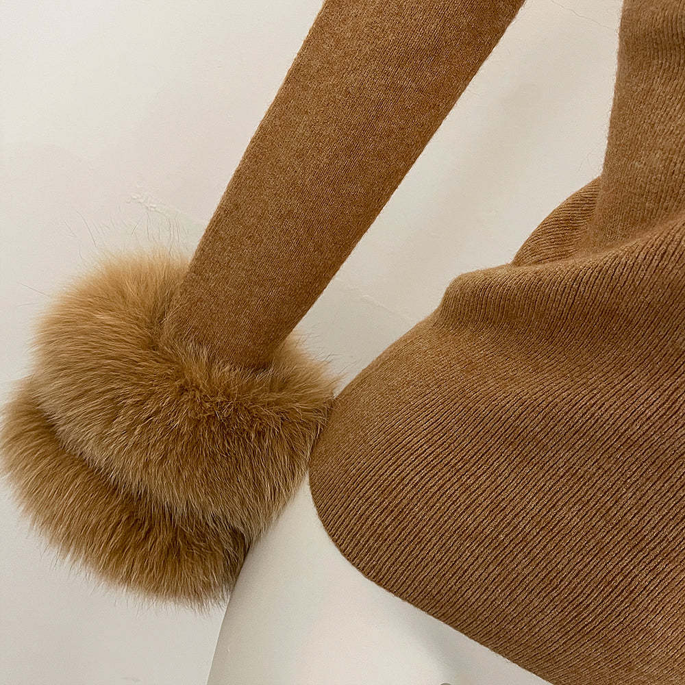 OFTBUY Luxury Mock Neck Ribbed Knit Top with Oversized 100% Real Fox Fur Cuffs