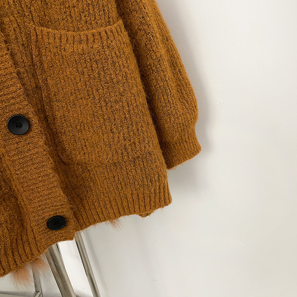 OFTBUY Sweater Femlae Button Pockets Warm Winter Luxury Outerwear New Women's Knit Cardigan with Large Real Fox Fur Collar