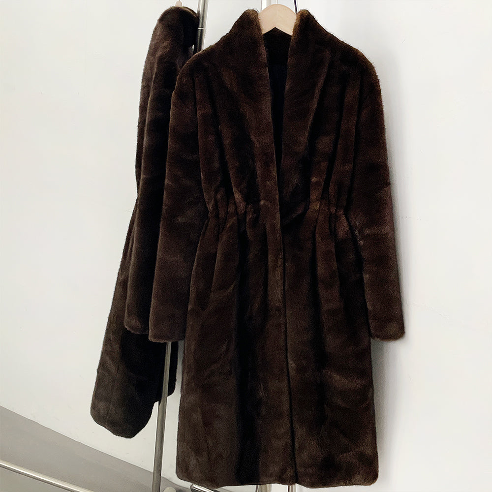 OFTBUY Luxury Shawl Collar Faux Mink Fur Long Coat - Drawstring Waist Cinched Vegan Fur Maxi Winter Coat