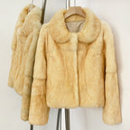 Soft cream yellow cropped genuine real rabbit fur jacket with cute round Peter Pan doll collar
