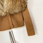 OFTBUY Luxury Suede Jacket with Real Rabbit Fur Lining & Oversized Fox/Raccoon Fur Collar